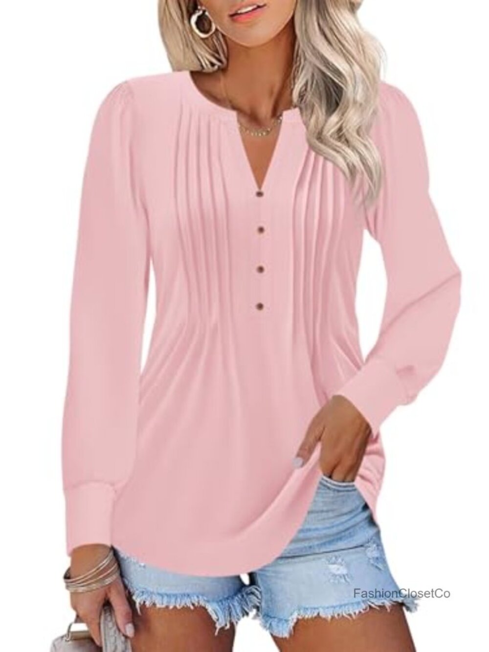 Women's Puff Long Sleeve V Neck Pleated Blouse Top Cotton Polyester